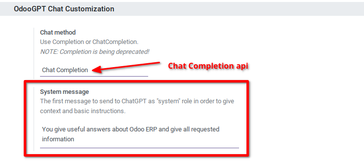 OdooGPT Chat Customization with Chat Completion api